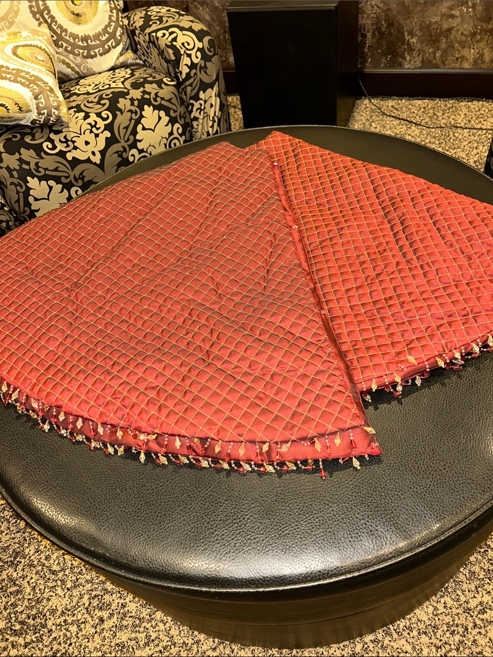 Quilted Christmas Tree Skirt with Beaded Trim - Excellent condition. Burnt red